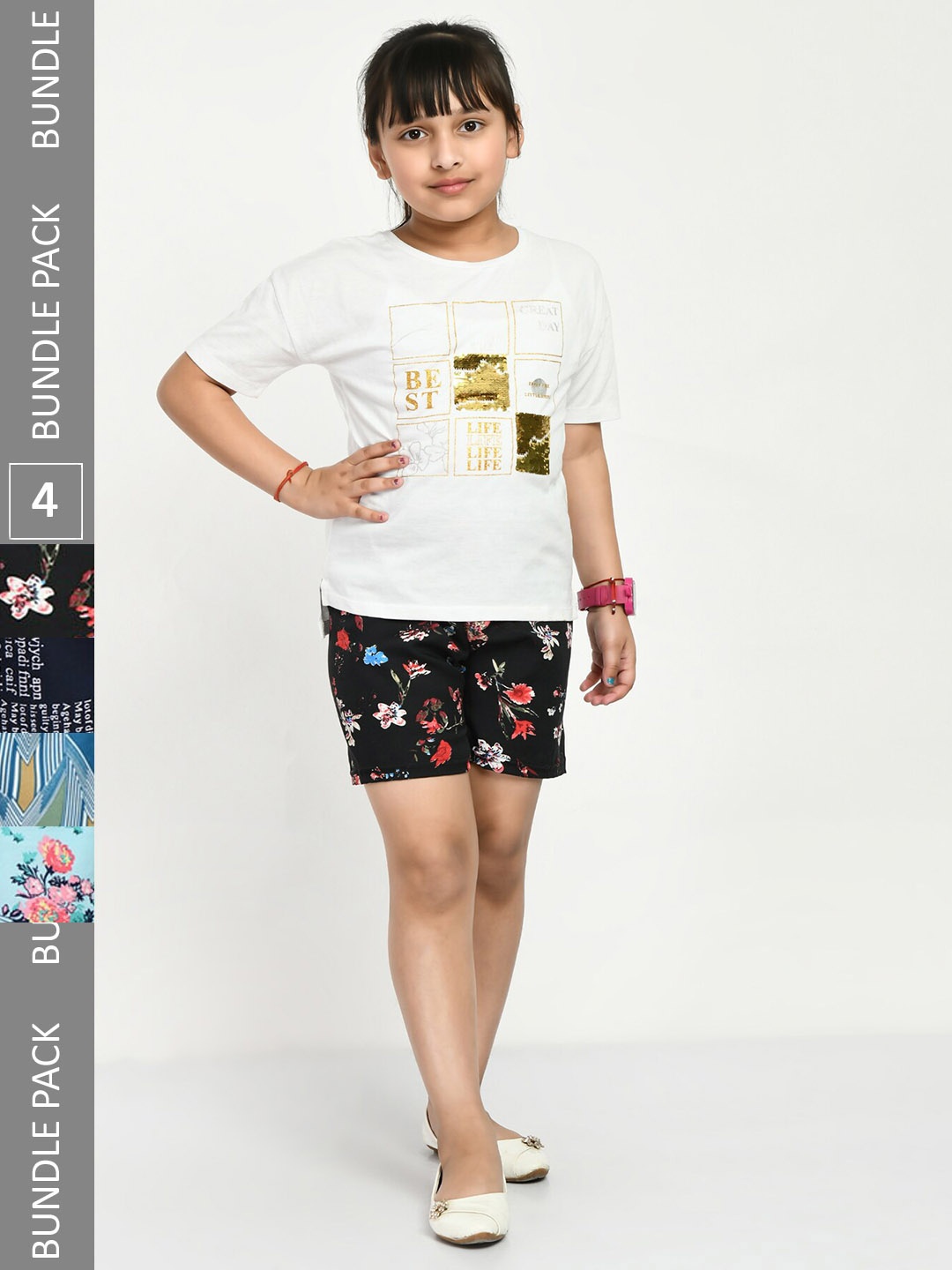 

IndiWeaves Girls Pack Of 4 Printed High-Rise Shorts, Black