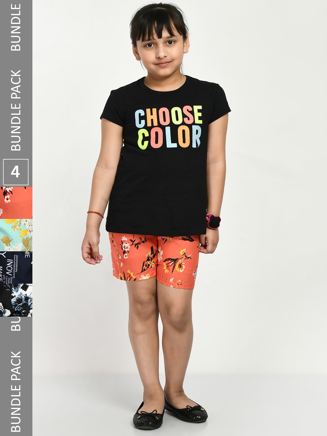 

IndiWeaves Girls Pack Of 4 Floral Printed High-Rise Shorts, Orange
