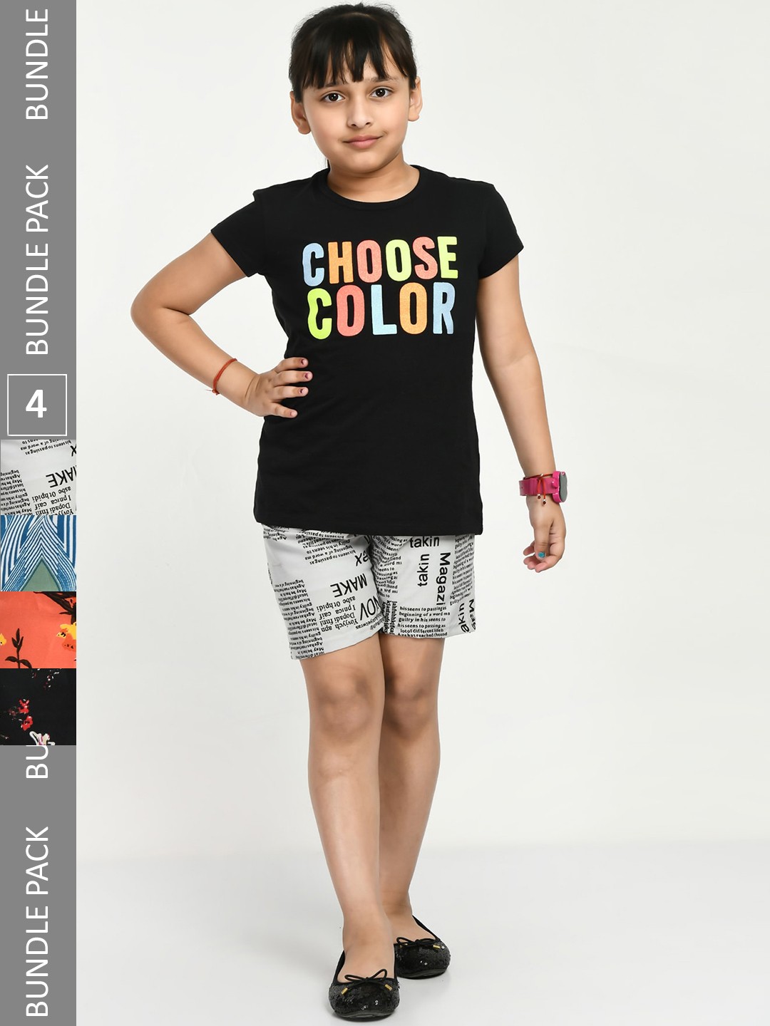 

IndiWeaves Girls Pack of 4 Printed High-Rise Shorts, White