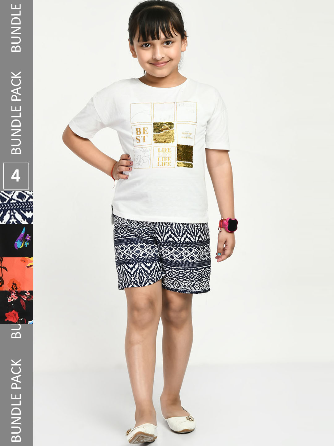 

IndiWeaves Girls Pack Of 4 Printed Mid-Rise Shorts, Black