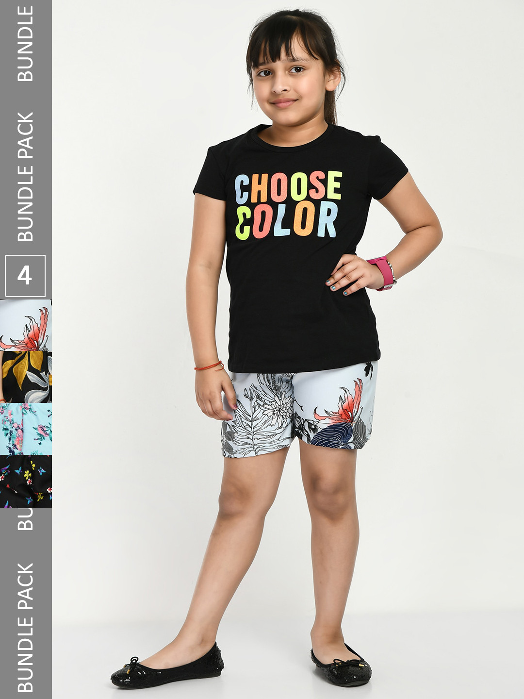 

IndiWeaves Girls Pack Of 4 Floral Printed High-Rise Shorts, Grey