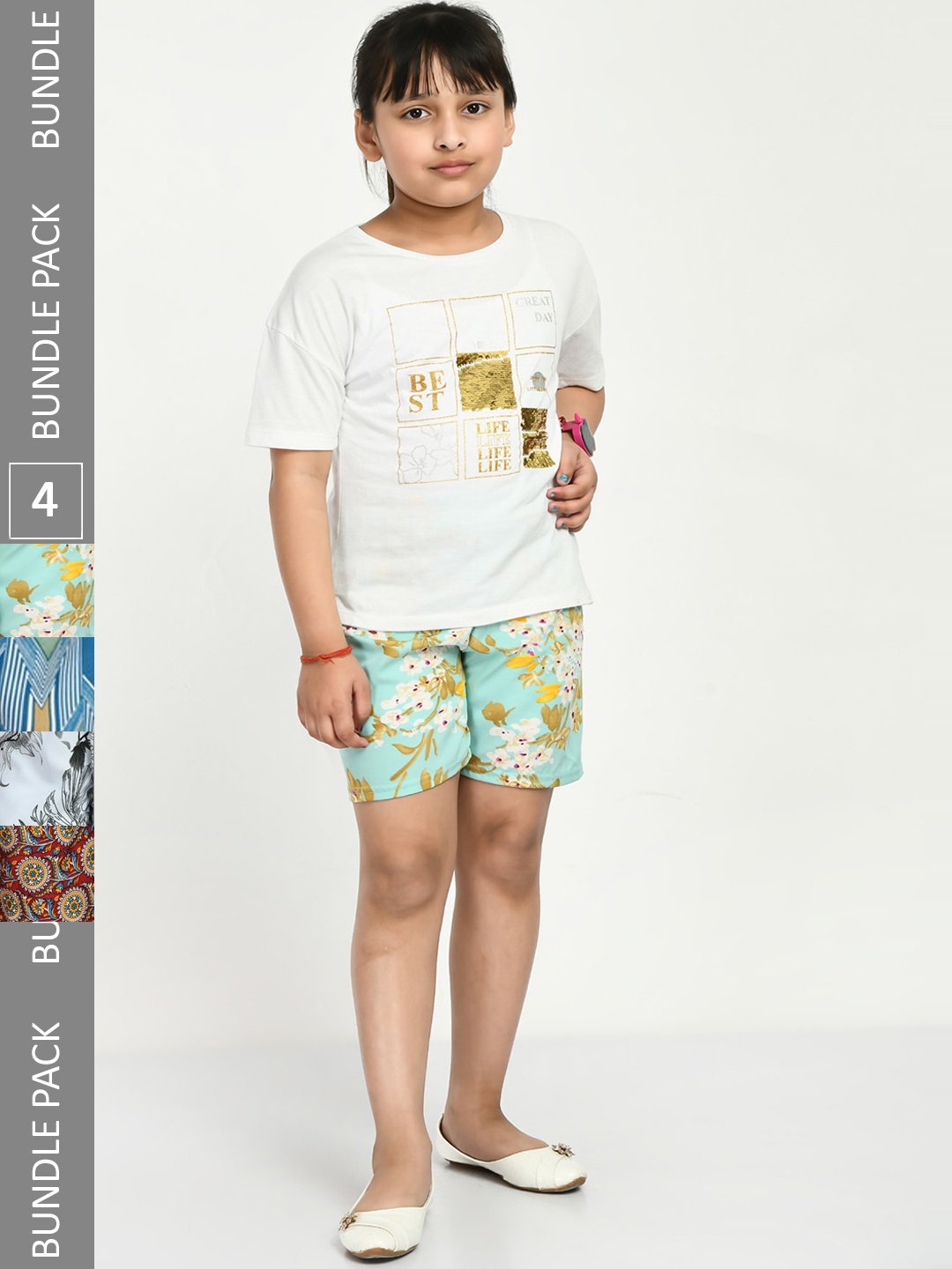 

IndiWeaves Girls Pack of 4 Printed High-Rise Shorts, Green