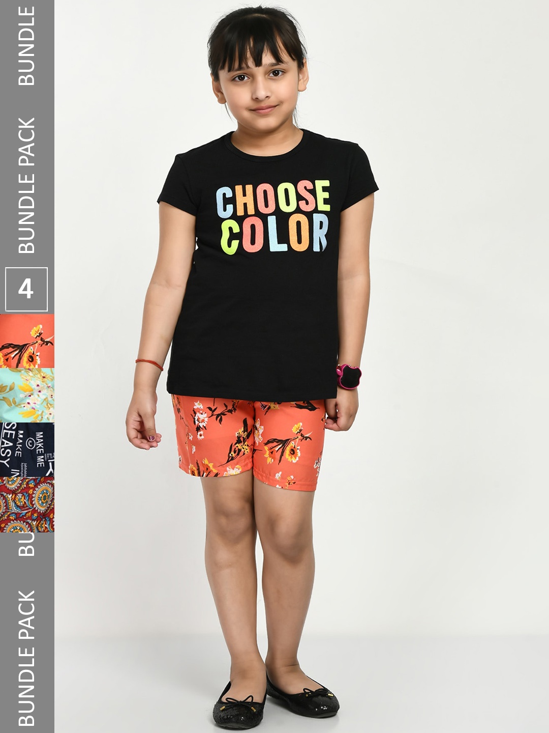 

IndiWeaves Girls Pack of 4 Printed High-Rise Shorts, Orange