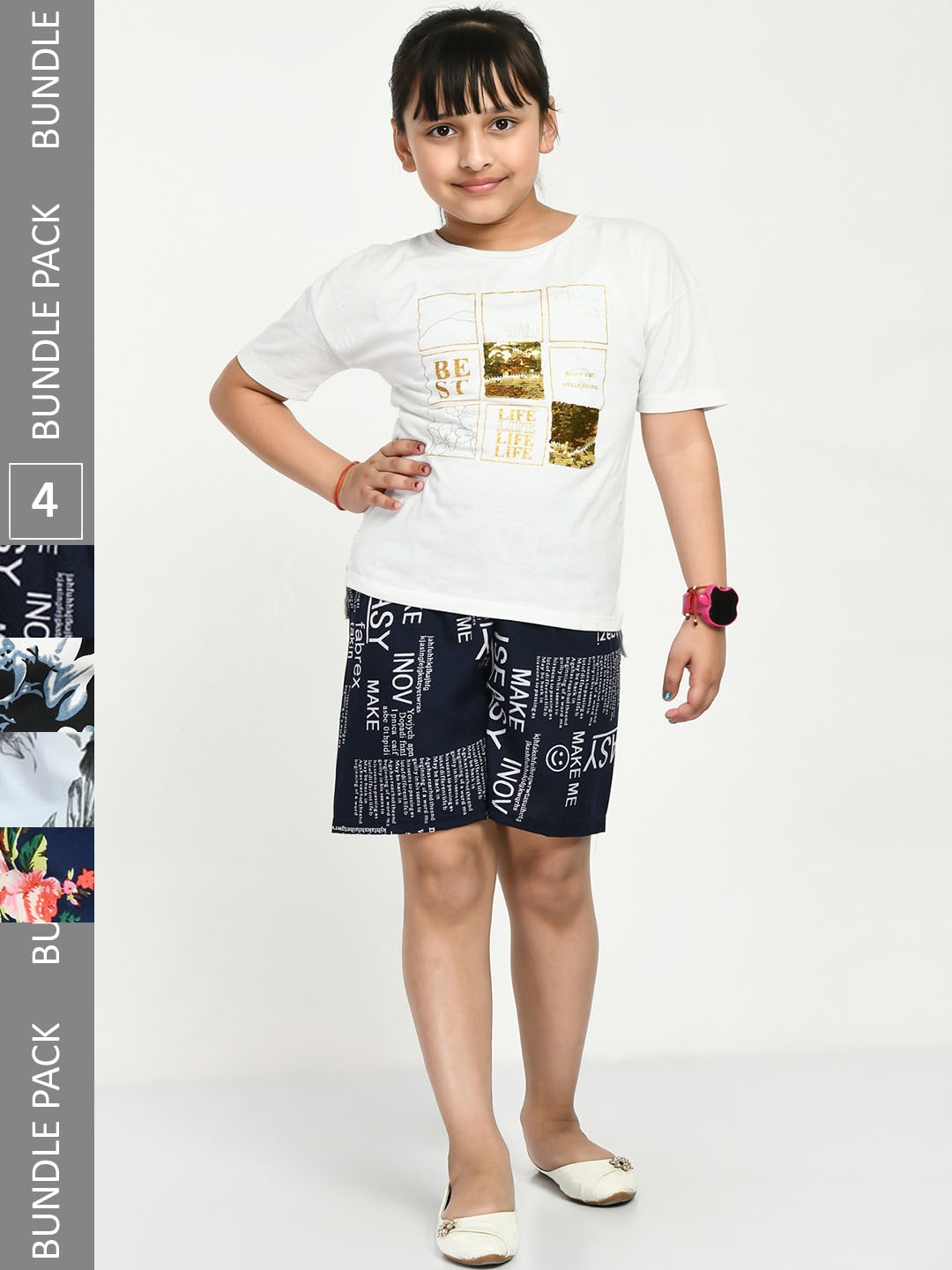 

IndiWeaves Girls Pack Of 4 High-Rise Floral Printed Crepe Shorts, Black