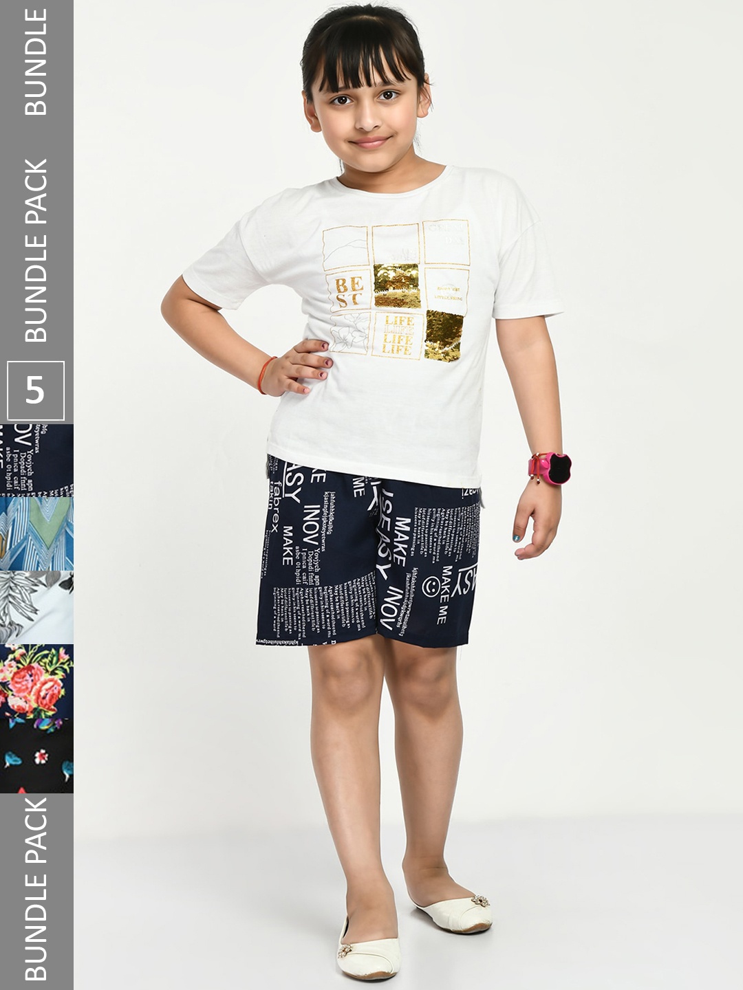 

IndiWeaves Girls Pack Of 5 Floral Printed High-Rise Shorts, Navy blue