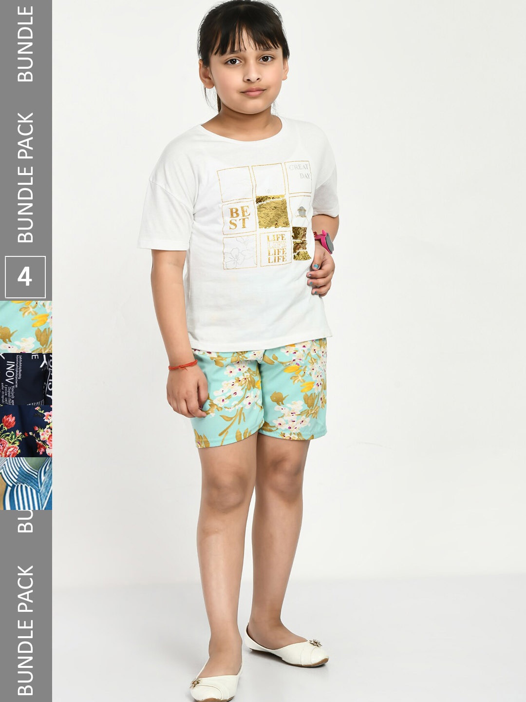 

IndiWeaves Girls Pack Of 4 Floral Printed High-Rise Shorts, Green
