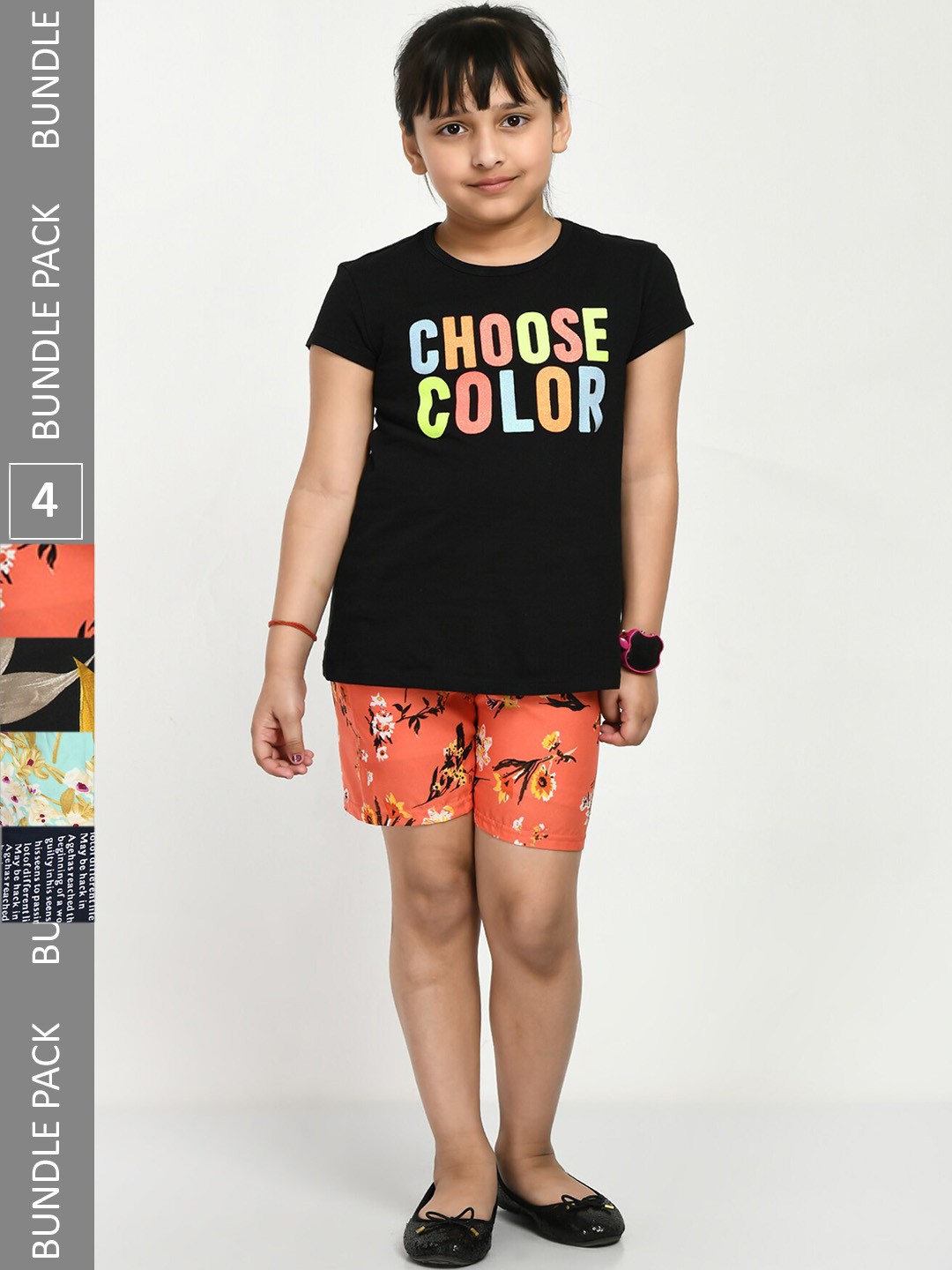 

IndiWeaves Girls Pack Of 4 Printed High-Rise Shorts, Orange