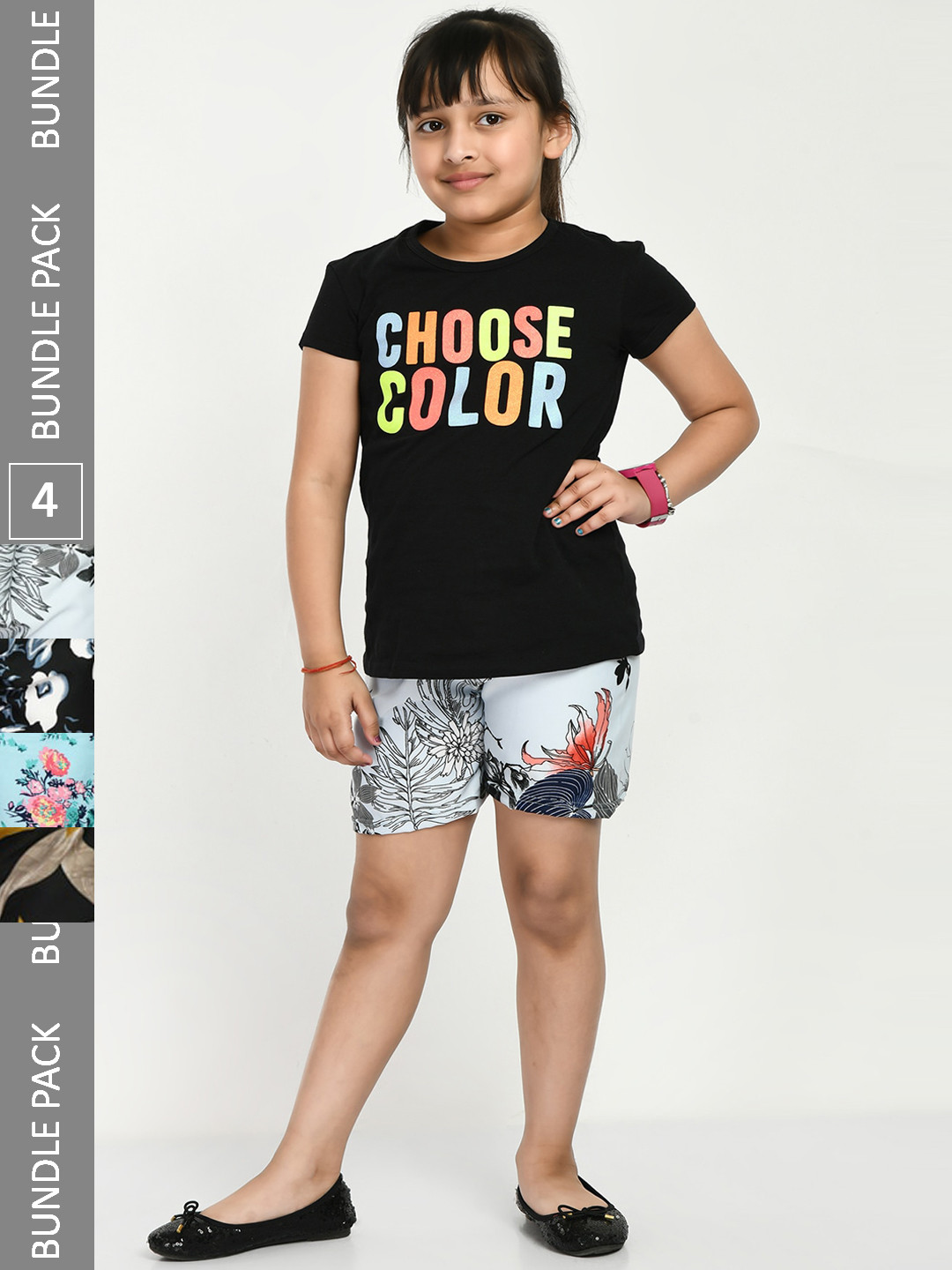 

IndiWeaves Girls Pack of 4 Printed High-Rise Shorts, Black