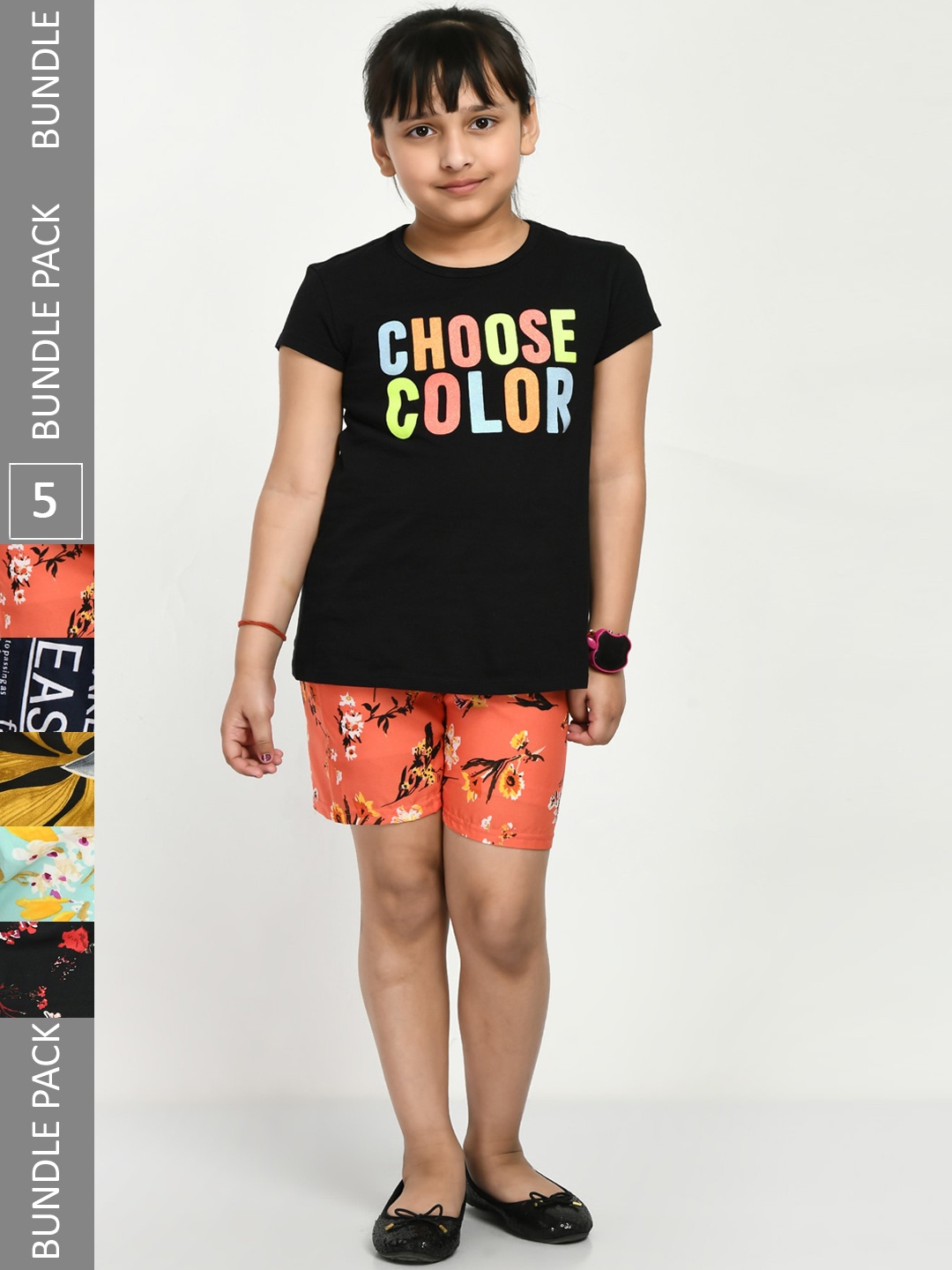 

IndiWeaves Girls Pack Of 5 High-Rise Floral Printed Crepe Shorts, Coral