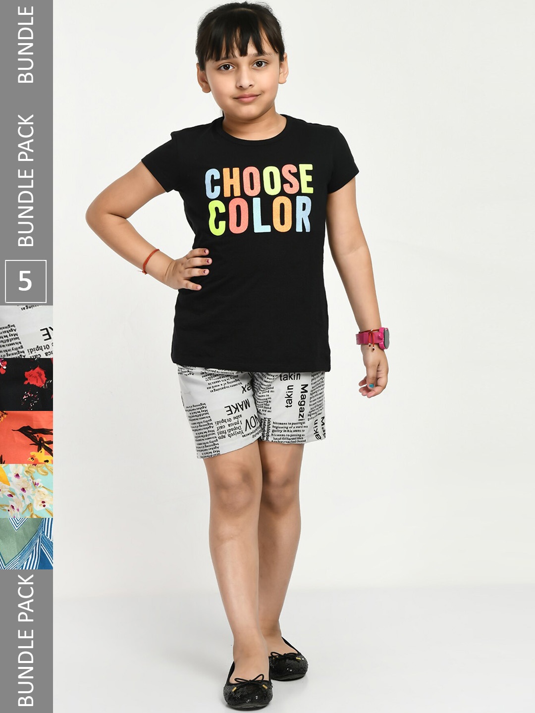 

IndiWeaves Girls Pack of 5 Printed High-Rise Shorts, White