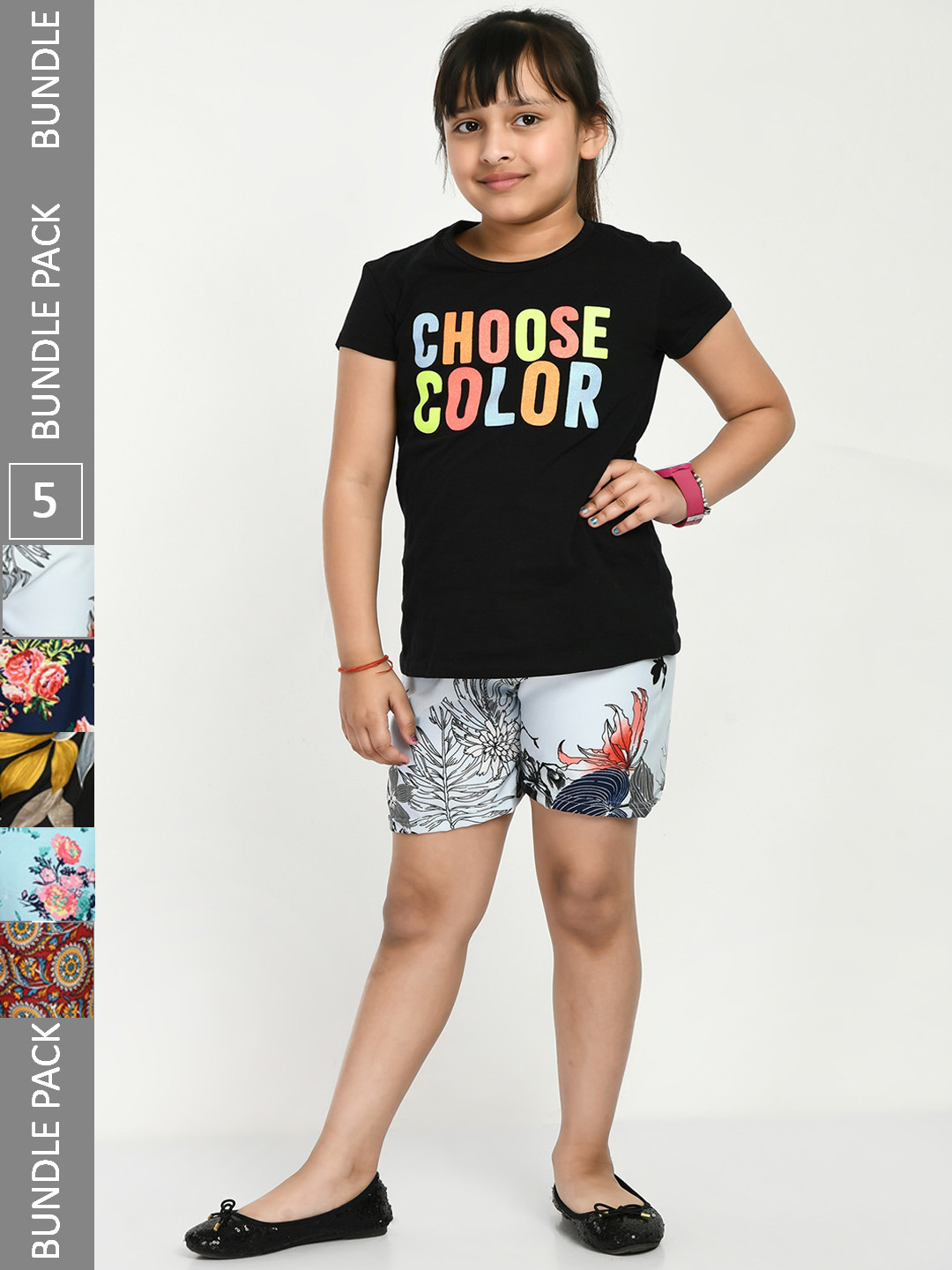 

IndiWeaves Girls Pack Of 5 Graphic Printed Mid-Rise Shorts, Navy blue