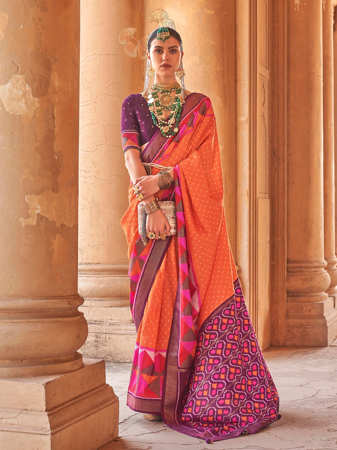 

Mitera Orange & Purple Geometric Printed Zari Patola Saree