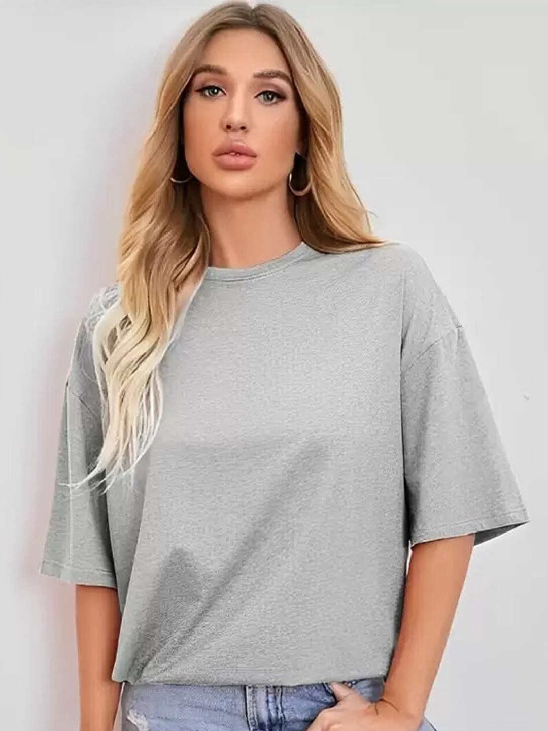 

Imsa Moda Round Neck Drop-Shoulder Sleeves Cotton T-Shirt, Grey