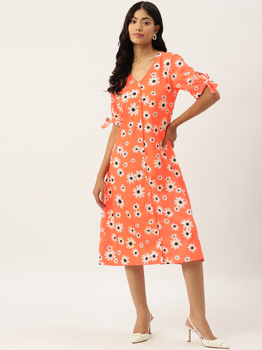 

DressBerry Floral Print Crepe A-Line Dress, Orange