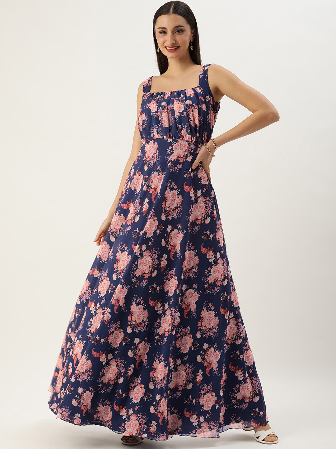 

Ethnovog Floral Print Georgette Maxi Ethnic Dress, Navy blue