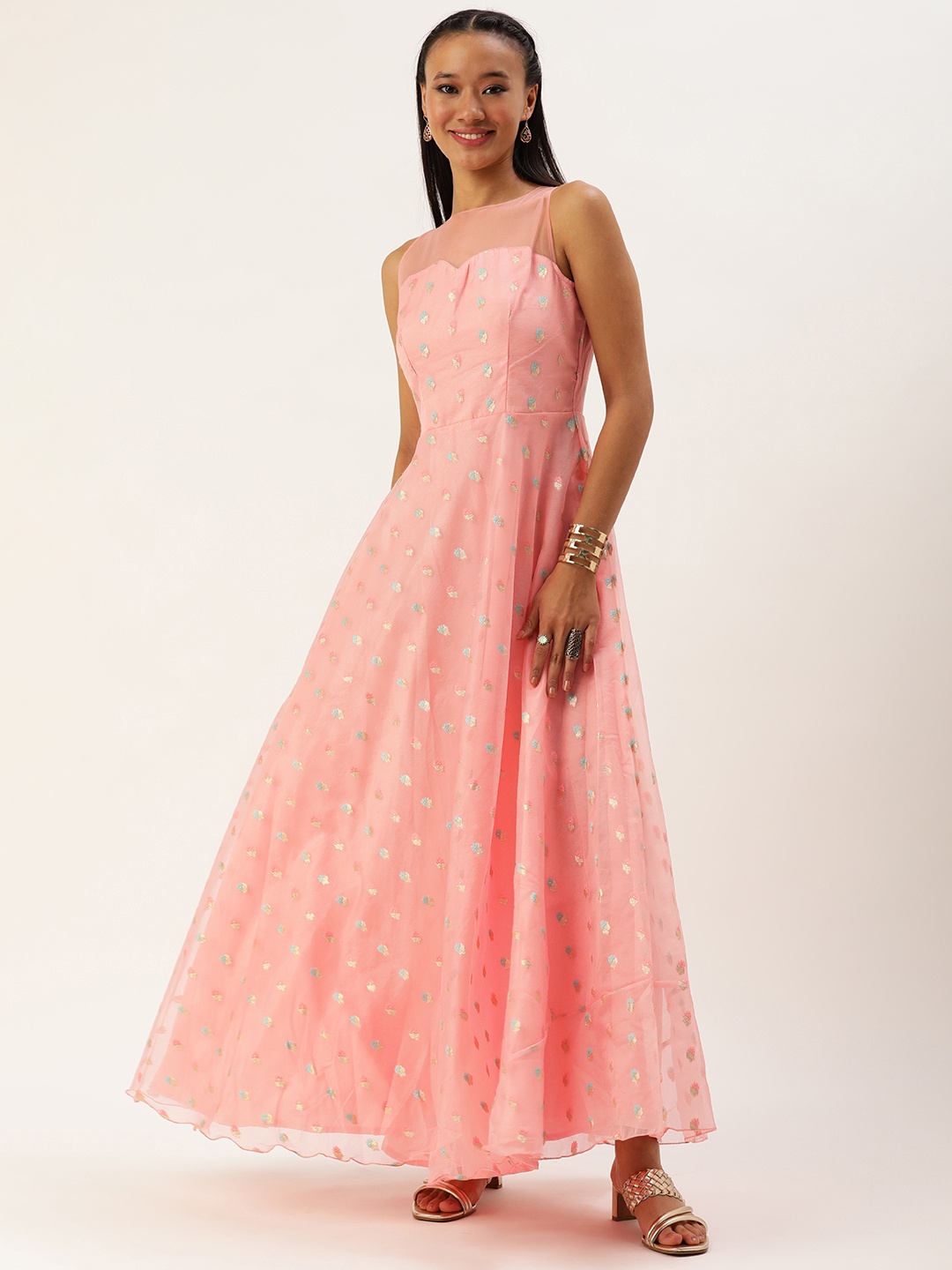 

Ethnovog Floral Woven Design Maxi Gown Dress, Pink