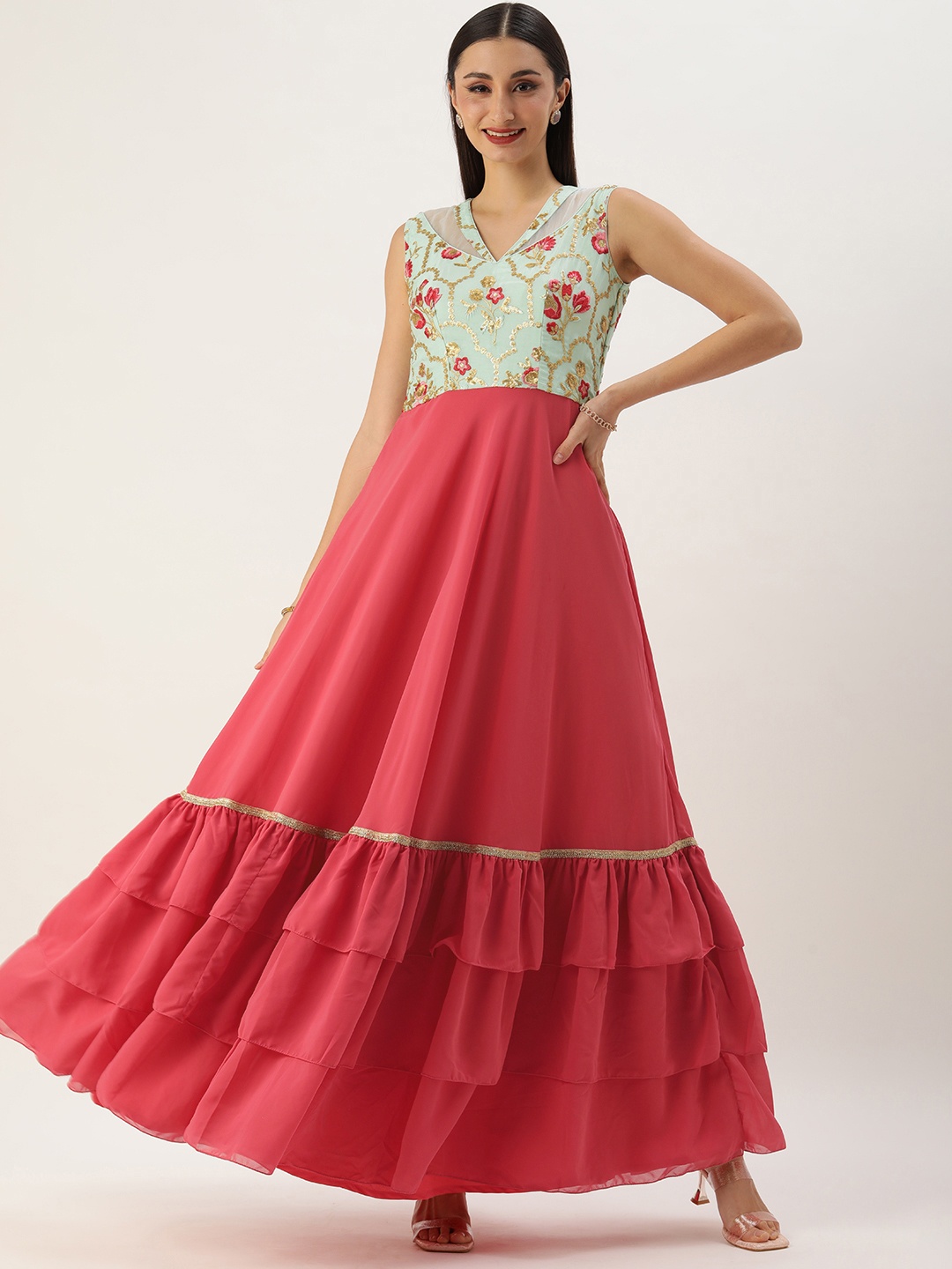 

Ethnovog Floral Embroidered Sequined Gown Dress, Pink
