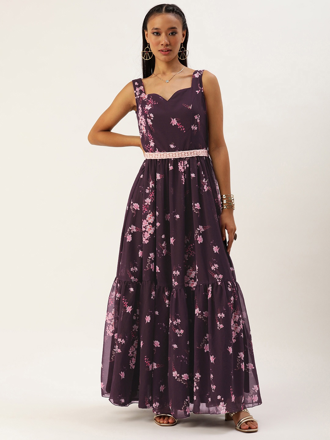 

Ethnovog Floral Printed Belted Gown Dress, Purple