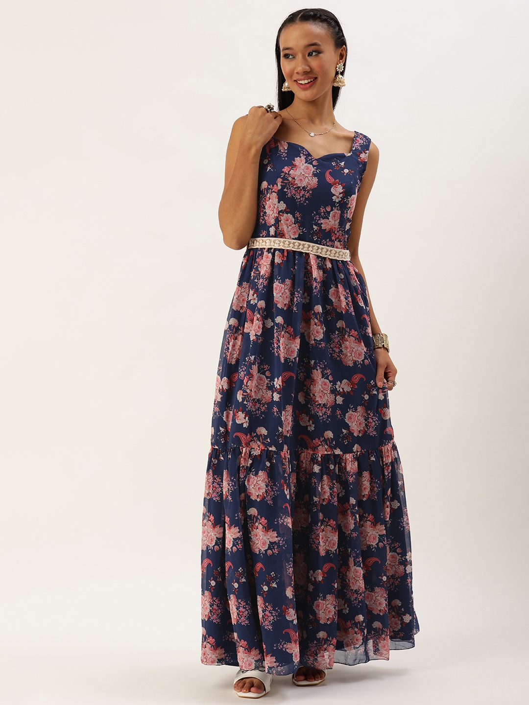 

Ethnovog Floral Printed Belted Maxi Ethnic Dress, Blue