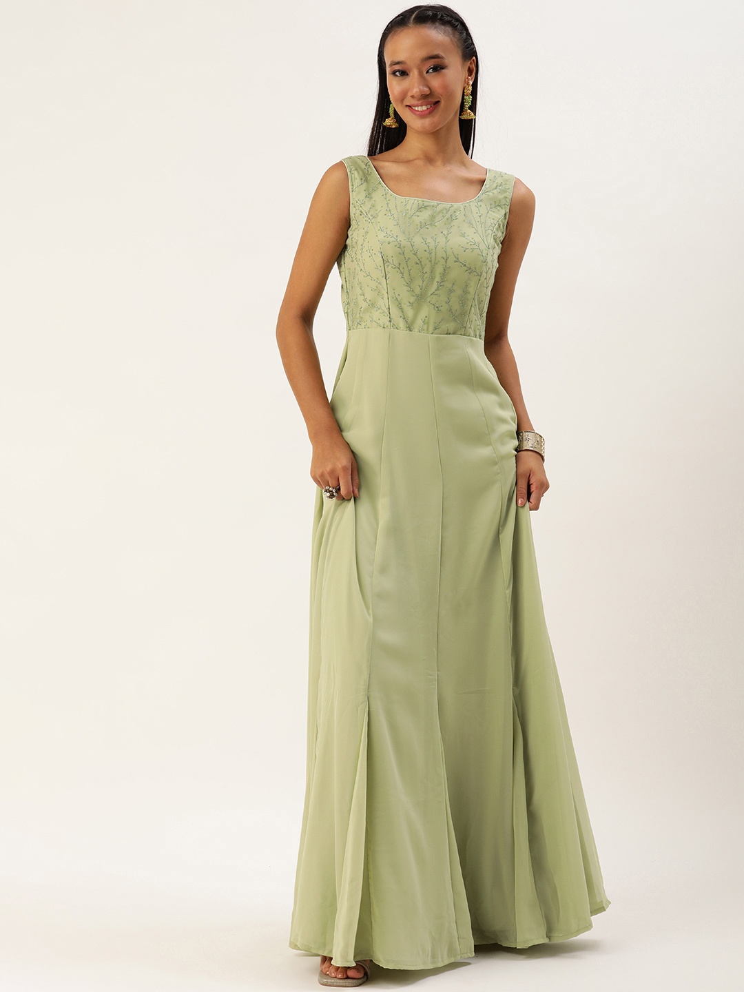 

Ethnovog Pleated Floral Woven Design Maxi Gown Dress, Green