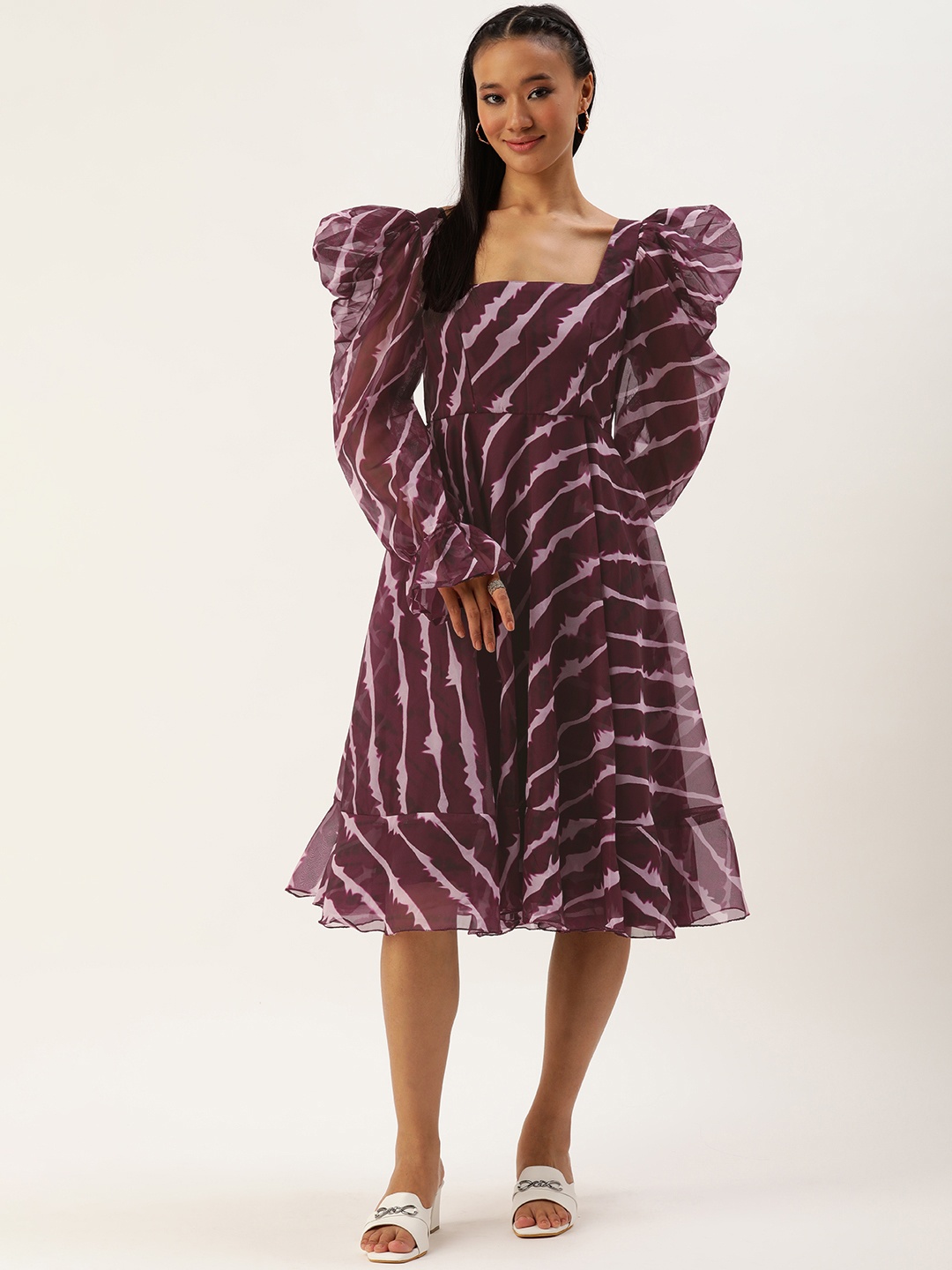 

Ethnovog Printed Puff Sleeve A-Line Dress, Purple