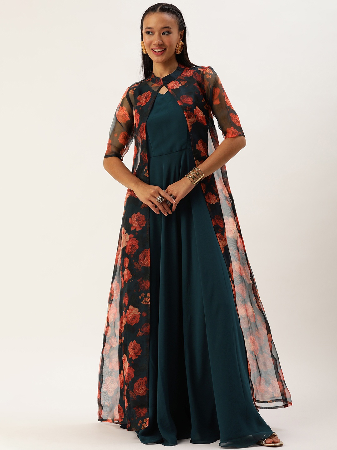 

Ethnovog Floral Printed Maxi Gown Dress with Jacket, Teal