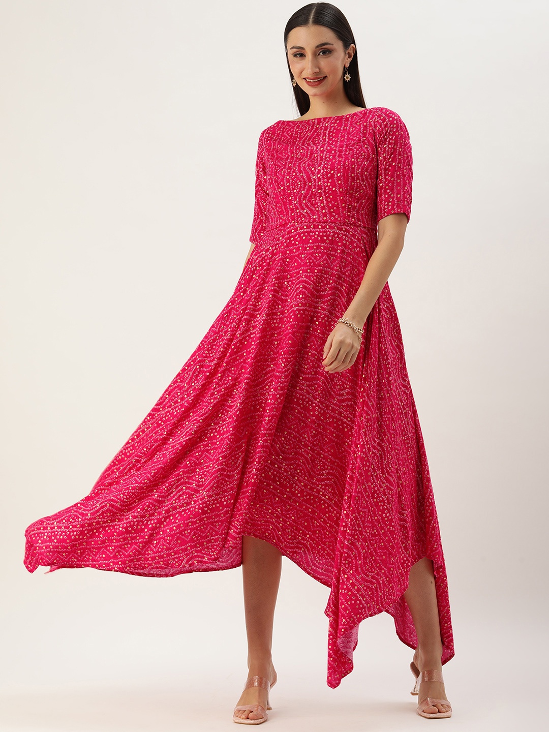 

Ethnovog Bandhani Printed A-Line Maxi Dress, Pink
