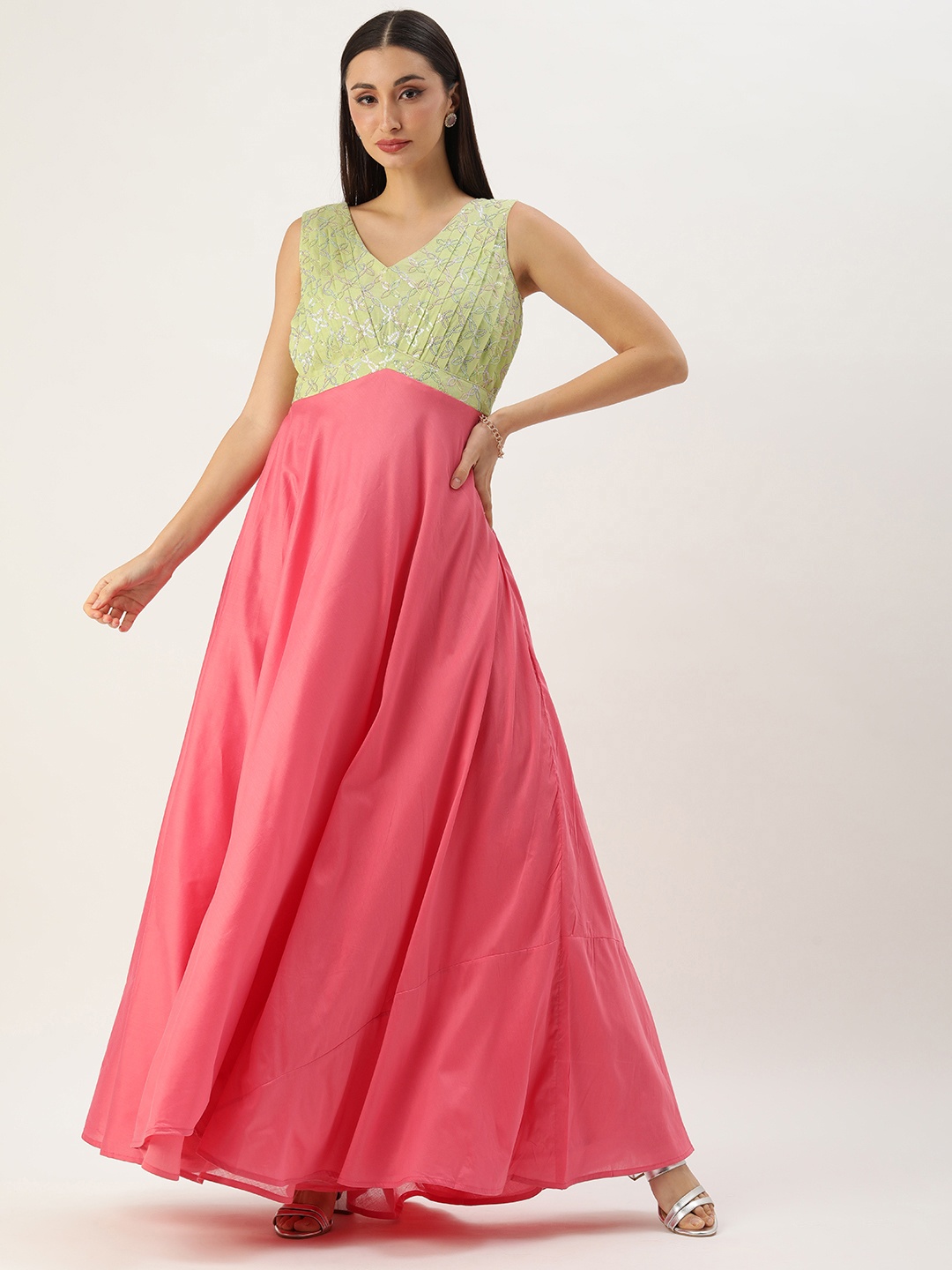

Ethnovog Embellished Embroidered Sequined Ethnic Maxi Dress, Pink