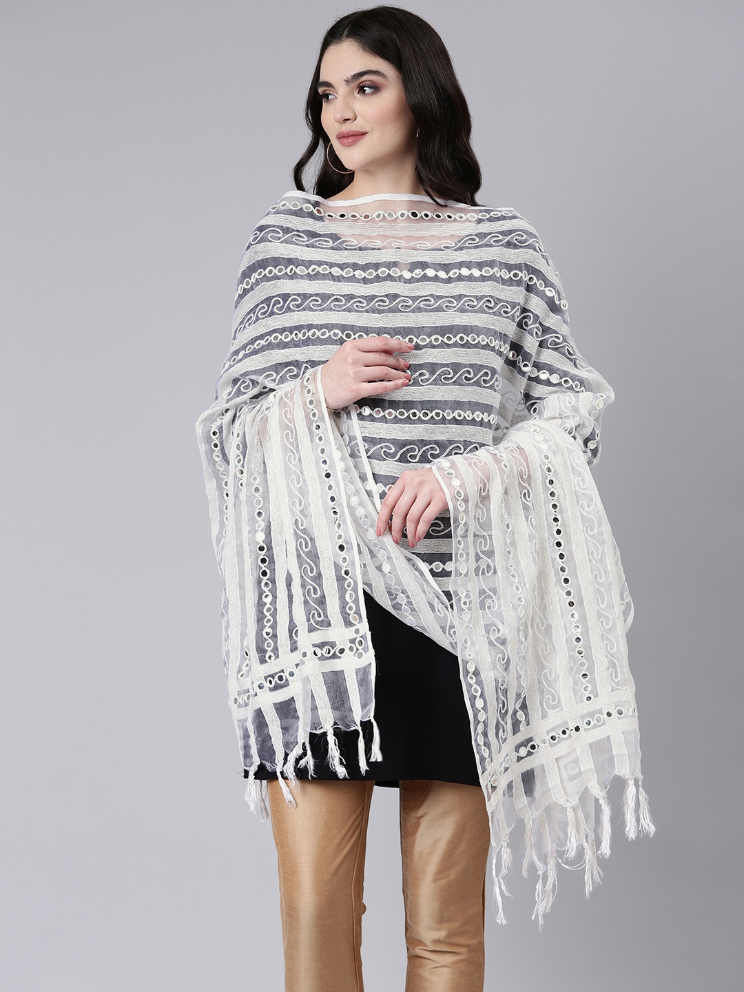 

Rani Saahiba Embroidered Organza Dupatta with Mirror Work, White