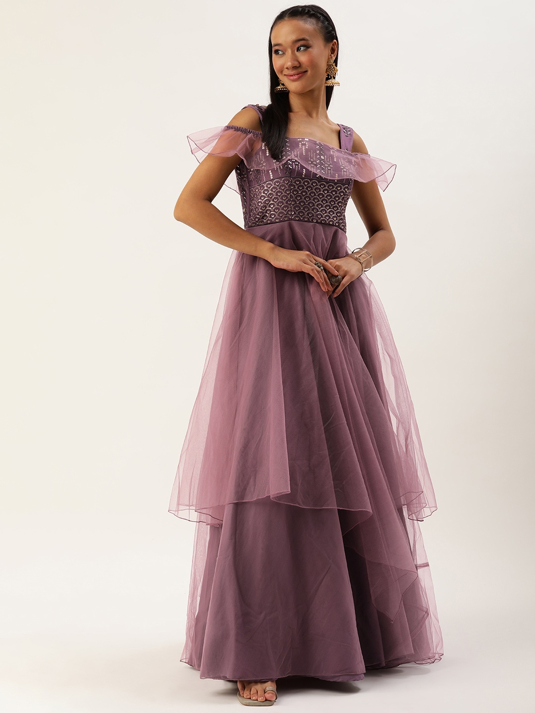 

Ethnovog Embroidered Layered Maxi Gown Dress, Purple