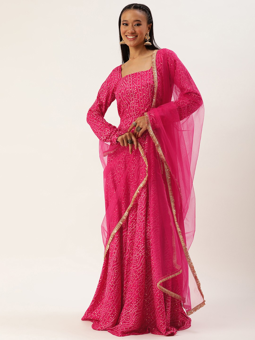 

Ethnovog Printed Maxi Gown Dress with Dupatta, Pink