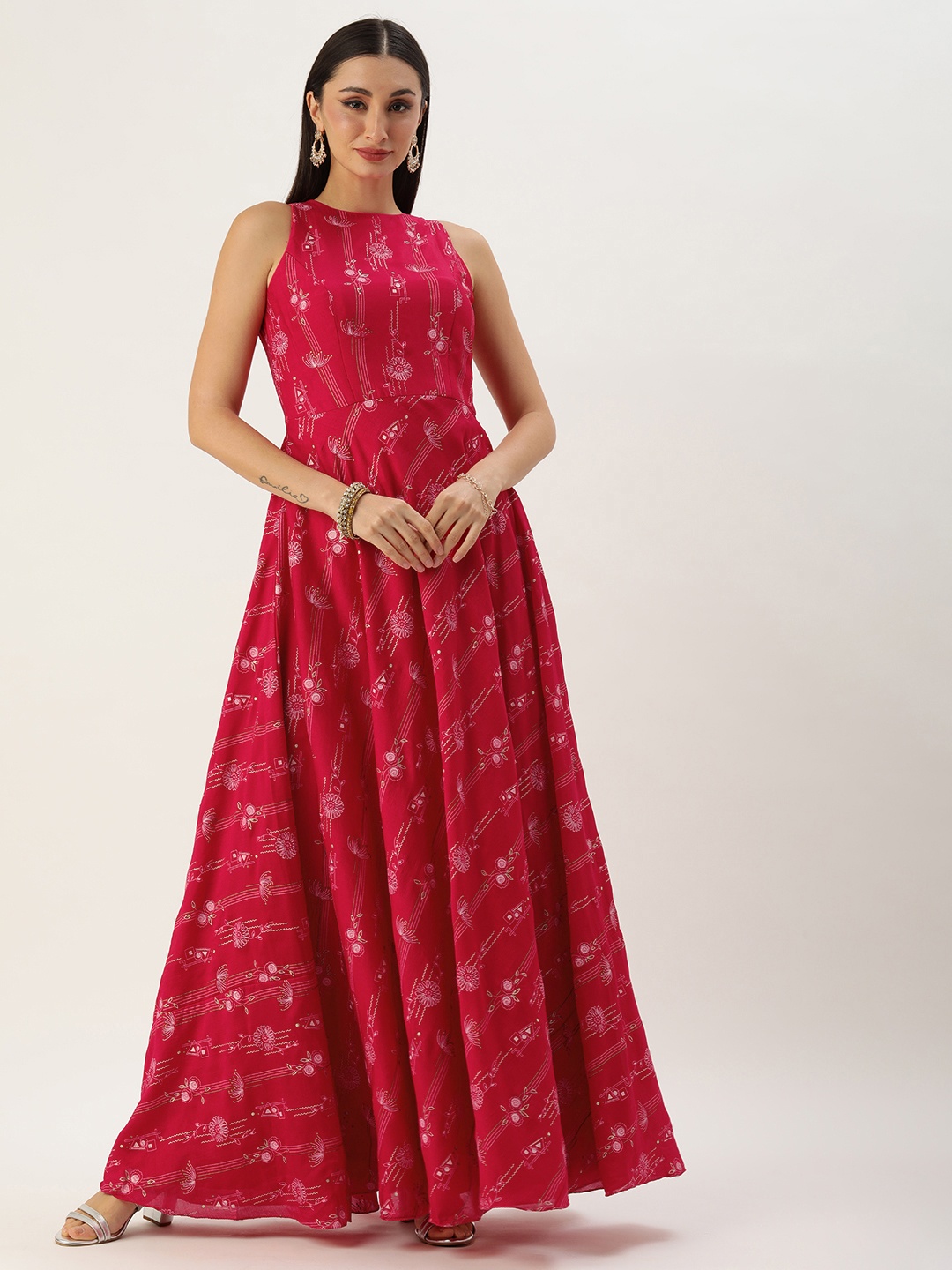 

Ethnovog Floral Foil Print Maxi Ethnic Dress, Pink
