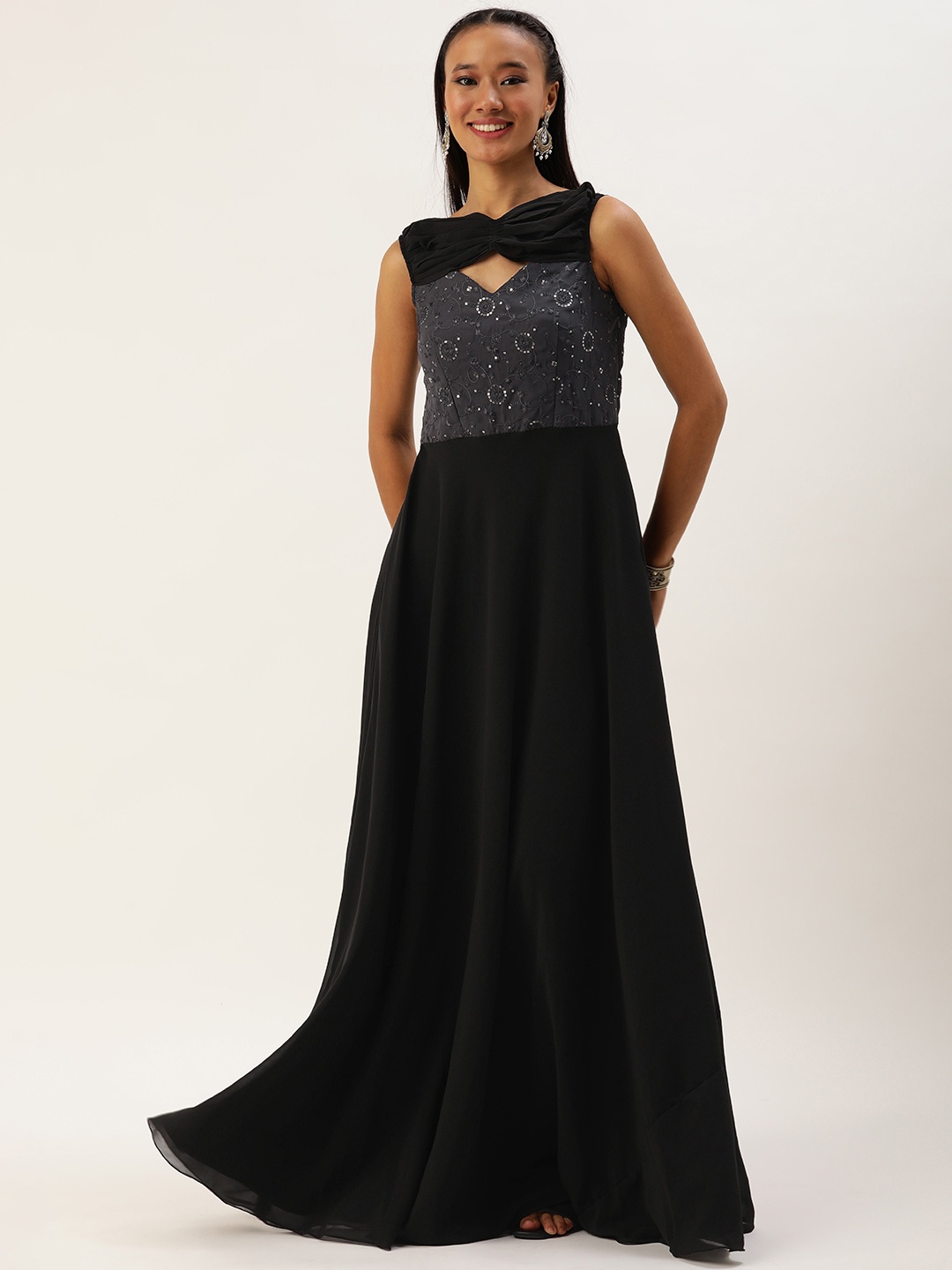 

Ethnovog Sequined Floral Embroidered Maxi Gown Dress, Black