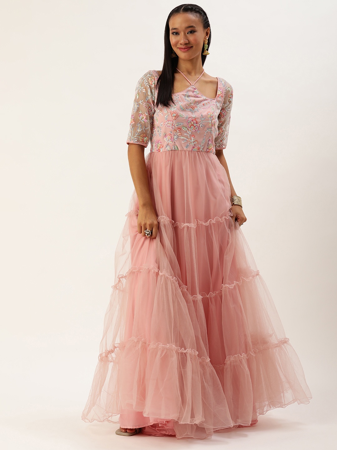 

Ethnovog Floral Embroidered Sequined Gown Maxi Dress, Peach