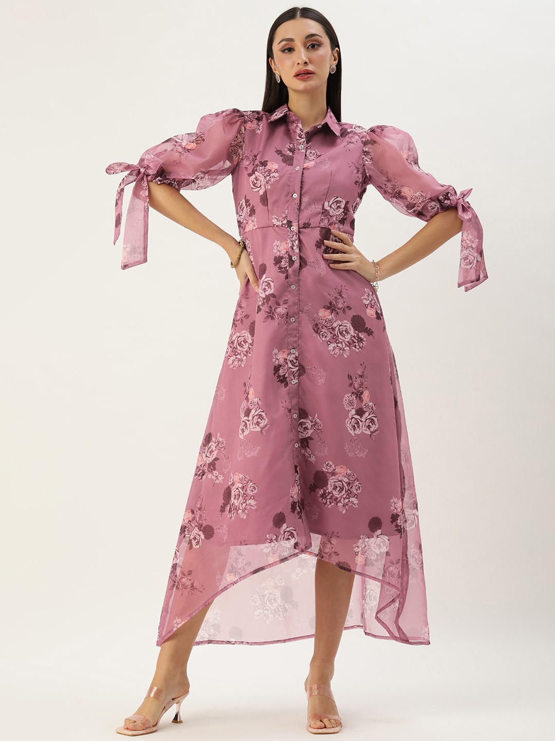 

Ethnovog Floral Print Puff Sleeve Shirt Maxi Dress, Mauve
