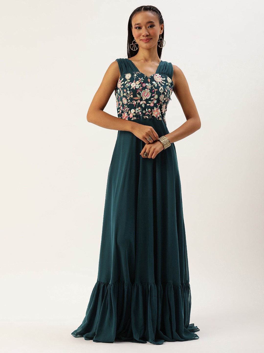 

Ethnovog Floral Embroidered Georgette Maxi Dress, Teal