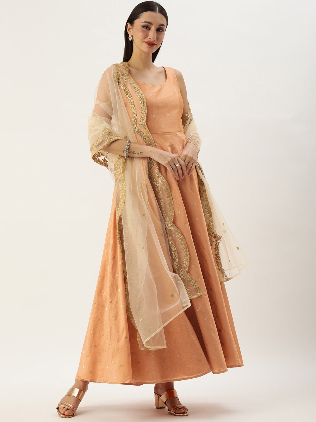 

Ethnovog Woven Design Jacquard Dress with Dupatta, Peach