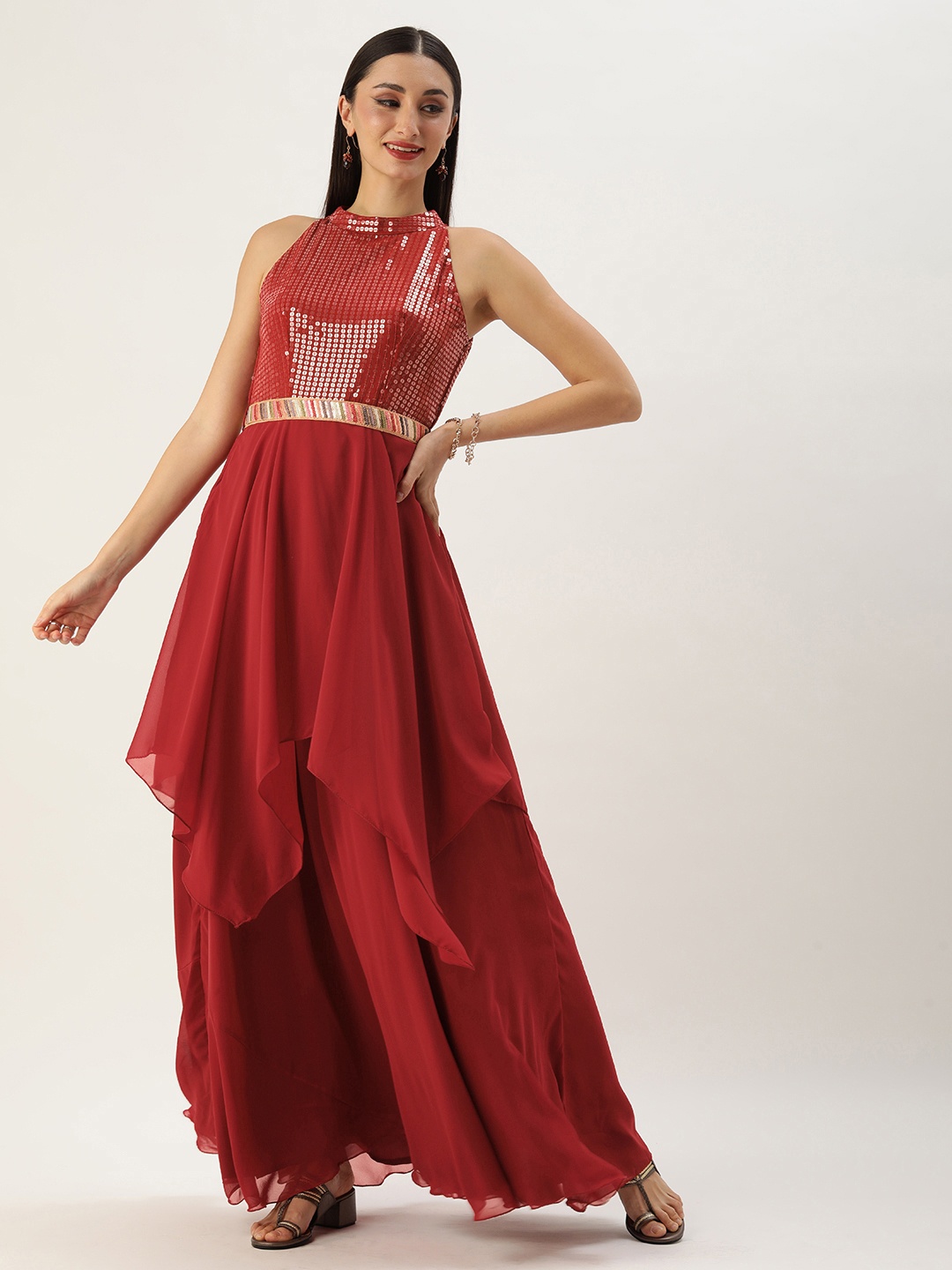 

Ethnovog Embellished Halter Neck Layered Georgette Ethnic Gown with Belt, Maroon