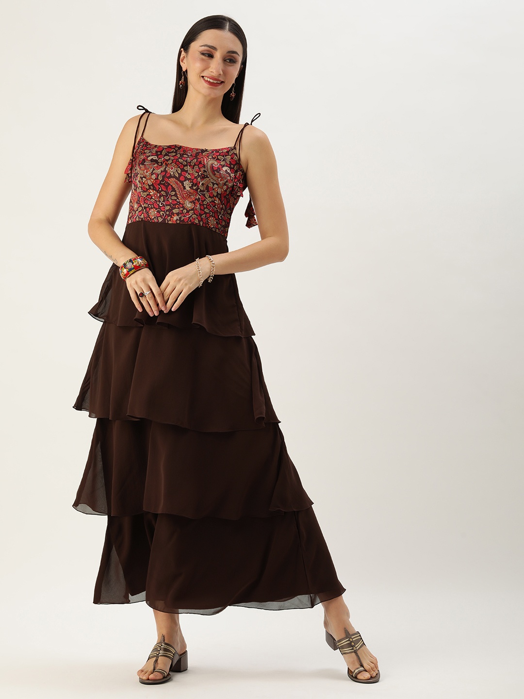 

Ethnovog Ethnic Motifs Print Layered Georgette A-Line Maxi Ethnic Dress, Brown
