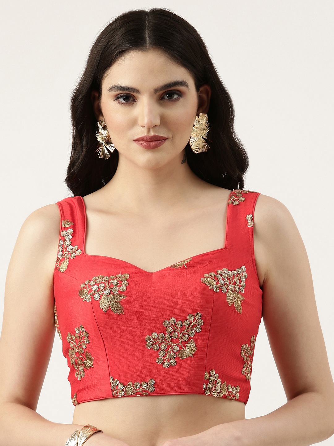 

Ethnovog Sequinned Floral Embroidered Saree Blouse, Red