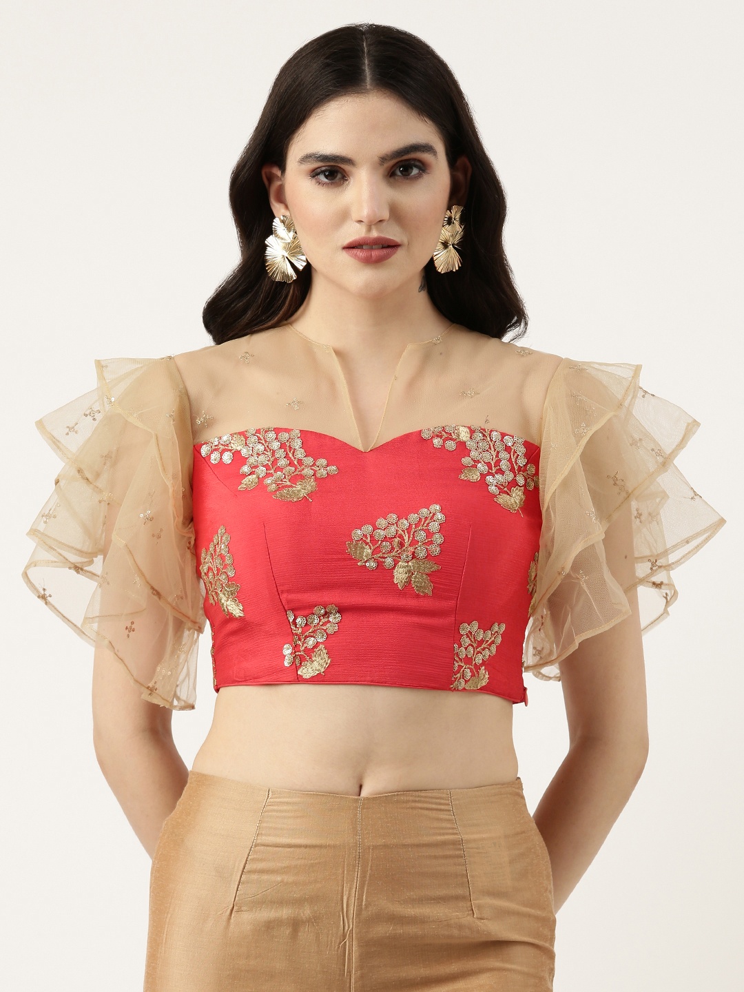 

Ethnovog Embroidered Sequined Chinon Blouse, Red