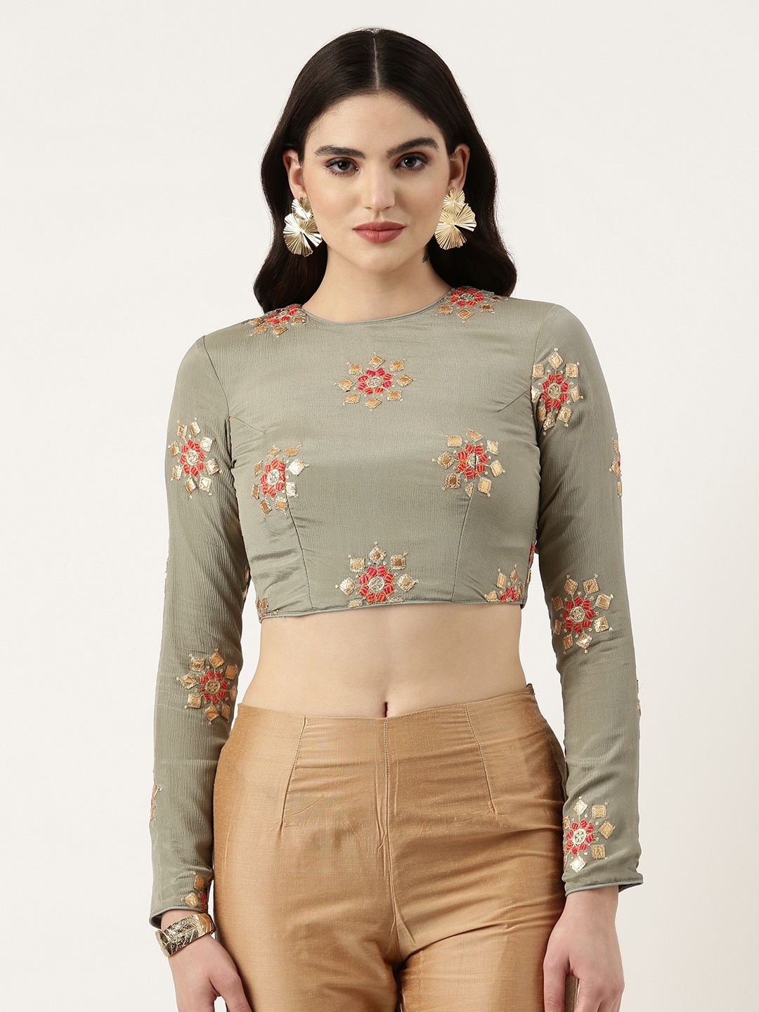 

Ethnovog Ethnic Motifs Embroidered Saree Blouse, Grey