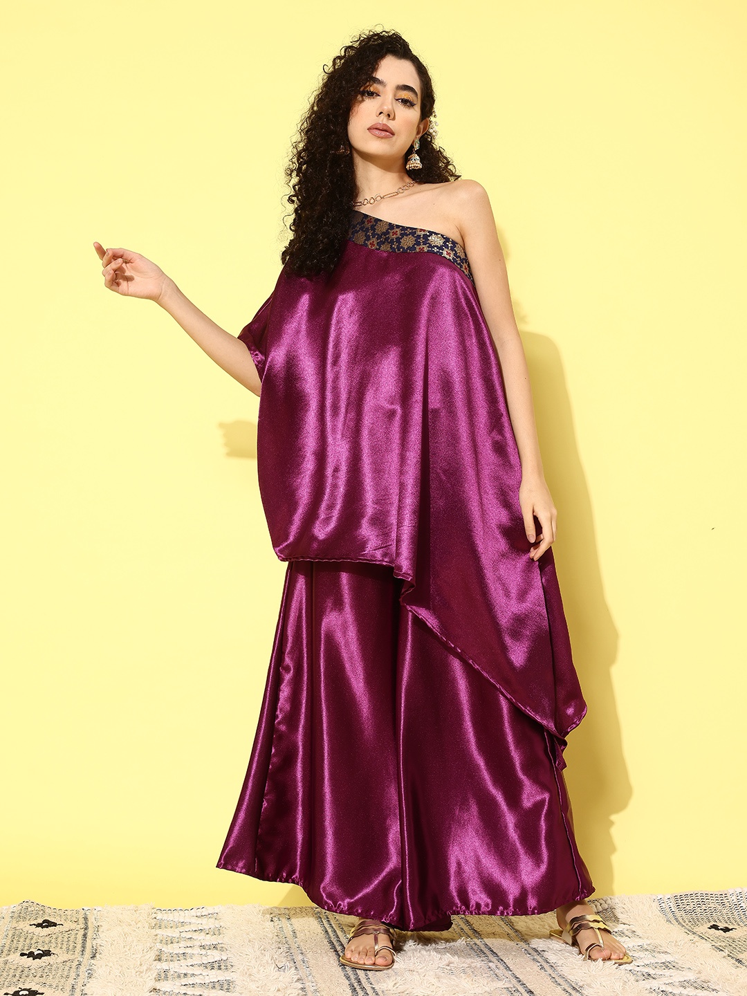 

InWeave Women One Shoulder Satin Regular Kurta with Palazzos, Purple