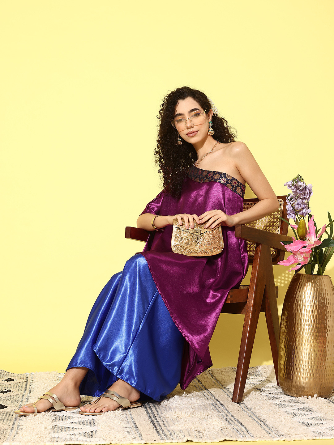 

InWeave Women One Shoulder Satin Regular Kurta with Palazzos, Purple