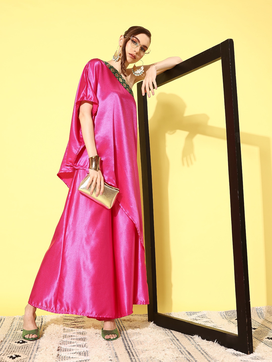 

InWeave Women One Shoulder Satin Regular Kurta with Palazzos, Pink