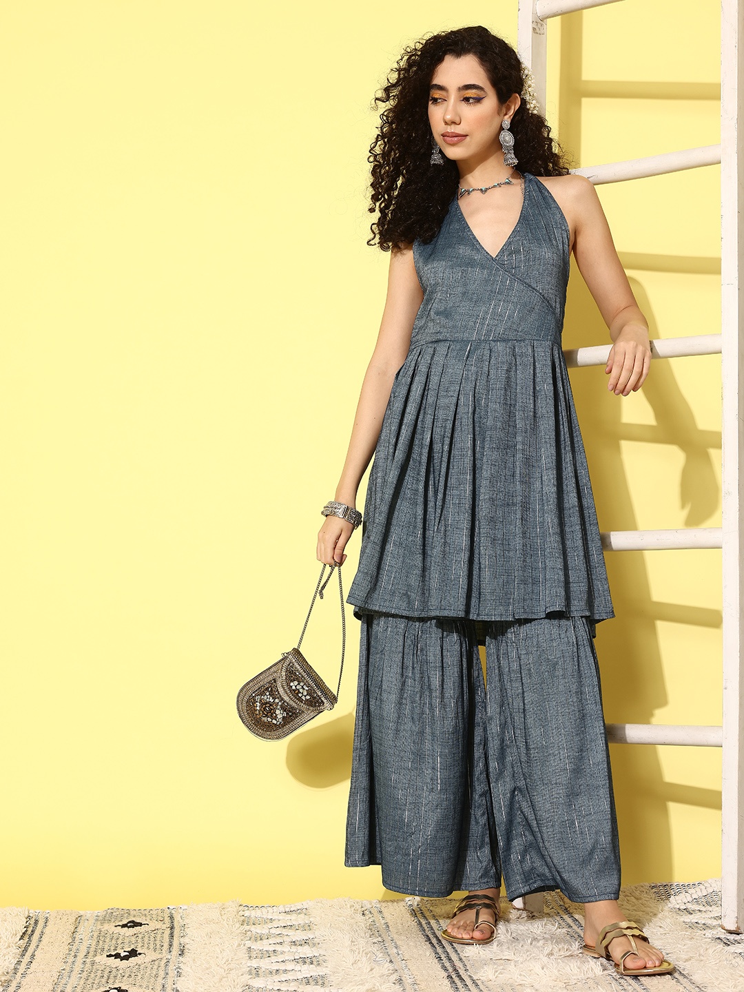 

InWeave Women Halter Neck Striped Regular Kurta with Sharara, Teal