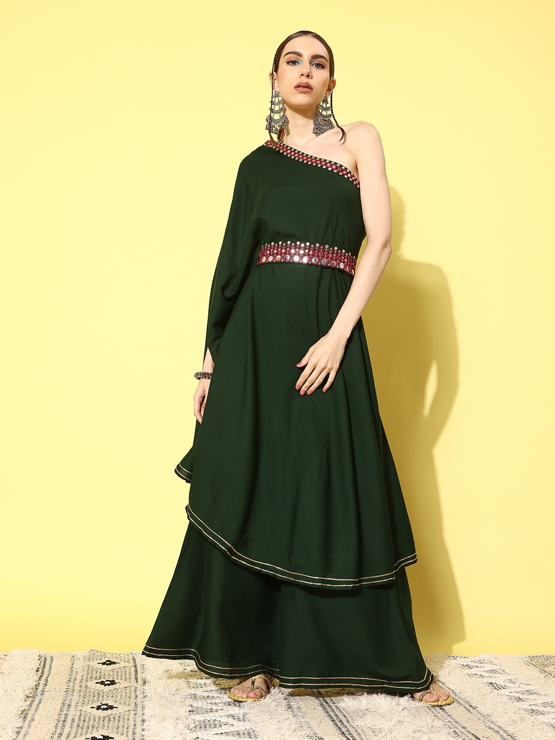 InWeave Women Embroidered Regular Mirror Work Kurta with Palazzos, Green