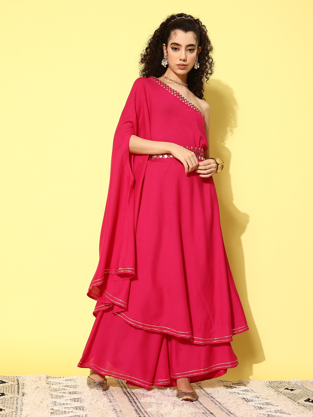 

InWeave Mirror Work One Shoulder Fusion Kurta with Palazzos & Belt, Pink