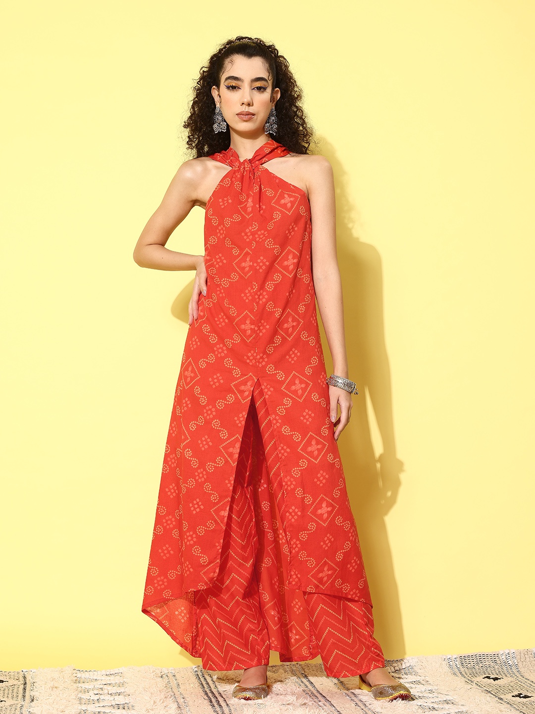 

InWeave Bandhani Printed Fusion Kurta with Trousers, Orange