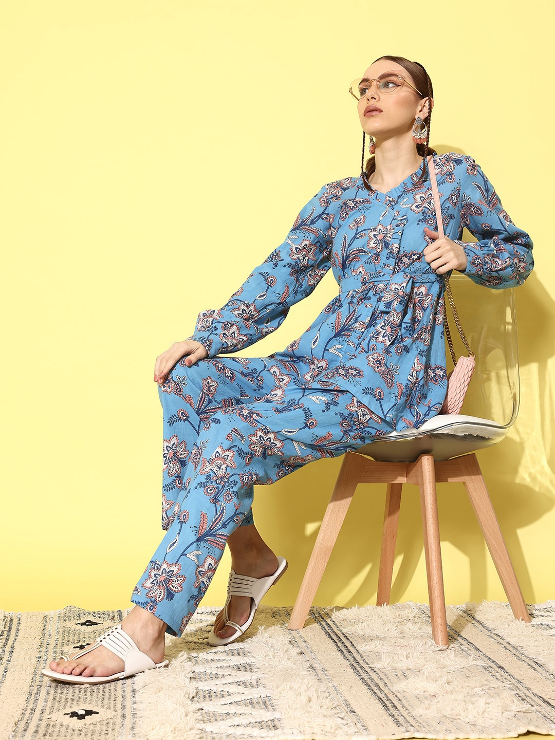

InWeave Women Printed Belted Tunic with Trousers, Turquoise blue